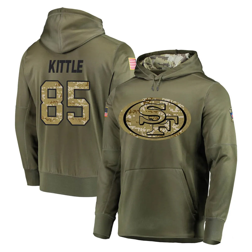 Vanessashop SF.49ers #85 George Kittle Player Olive Salute to Service Pullover Hoodie Home Game Stitched Jerseys