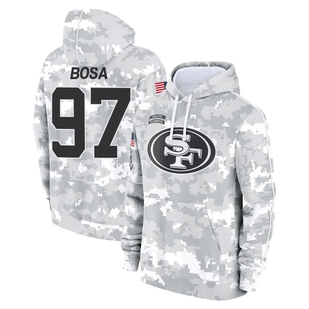 Vanessashop SF.49ers #97 Nick Bosa Player Arctic Camo Limited Salute to Service Pullover Hoodies Game Stitched Jerseys