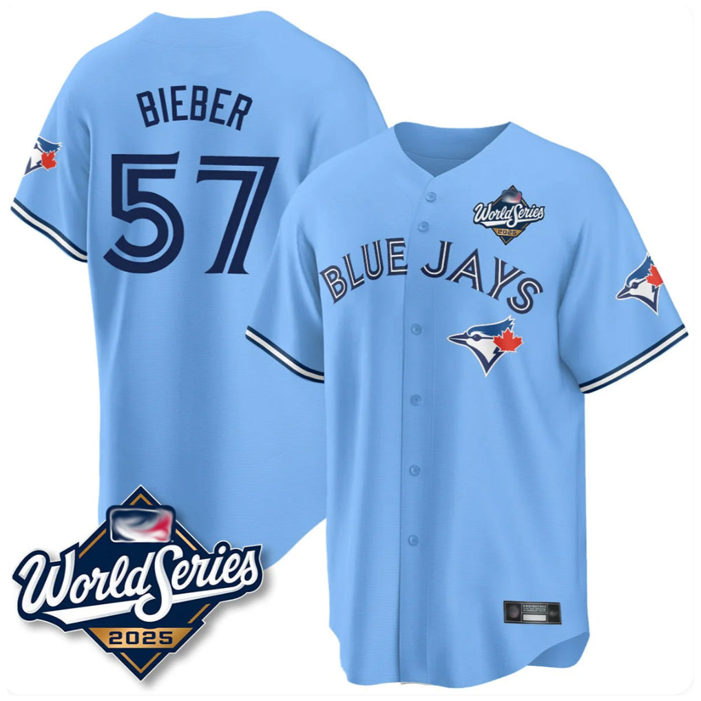 Vanessashop T.Blue Jays #57 Shane Bieber Player Blue 2025 World Series All Stitched Jerseys