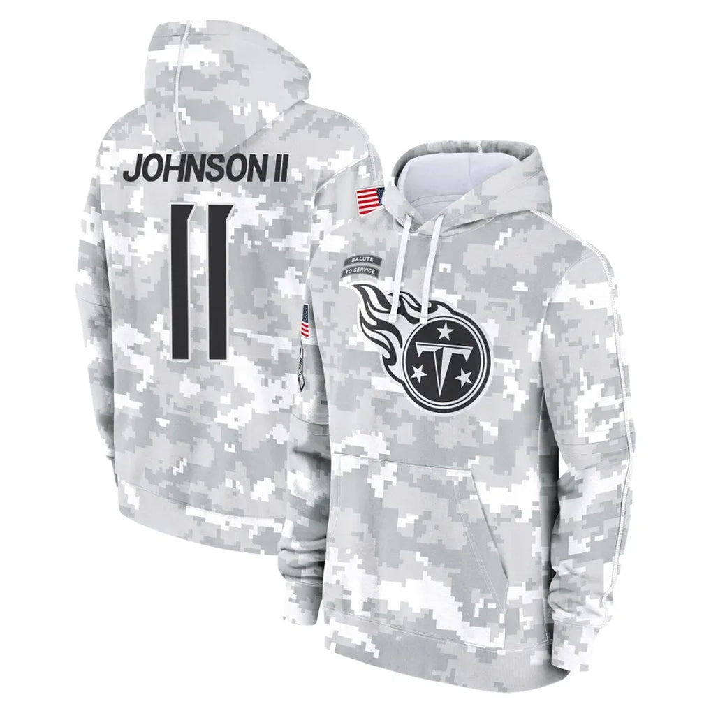 Vanessashop T.Titans #11 Jermaine Johnson II Player Camo Arctic Salute to Service Pullover Hoodies Home Game Stitched Jerseys