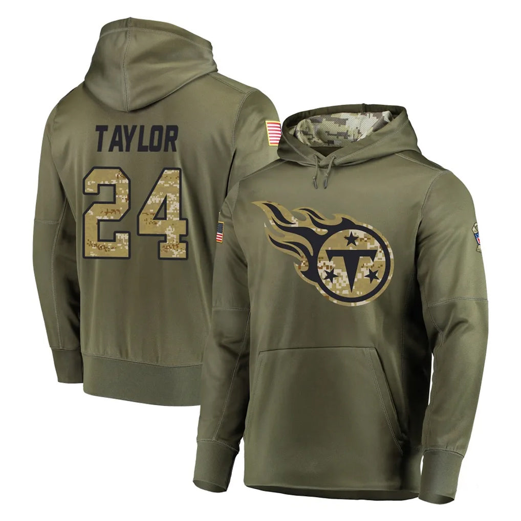 Vanessashop T.Titans #24 Alontae Taylor Player Olive Salute to Service Pullover Hoodies Home Game Stitched Jerseys