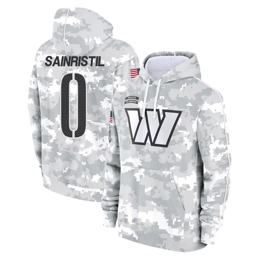 Vanessashop W.Commanders #0 Mike Sainristil Player Arctic Camo Limited Salute to Service Pullover Hoodies Game Stitched Jerseys