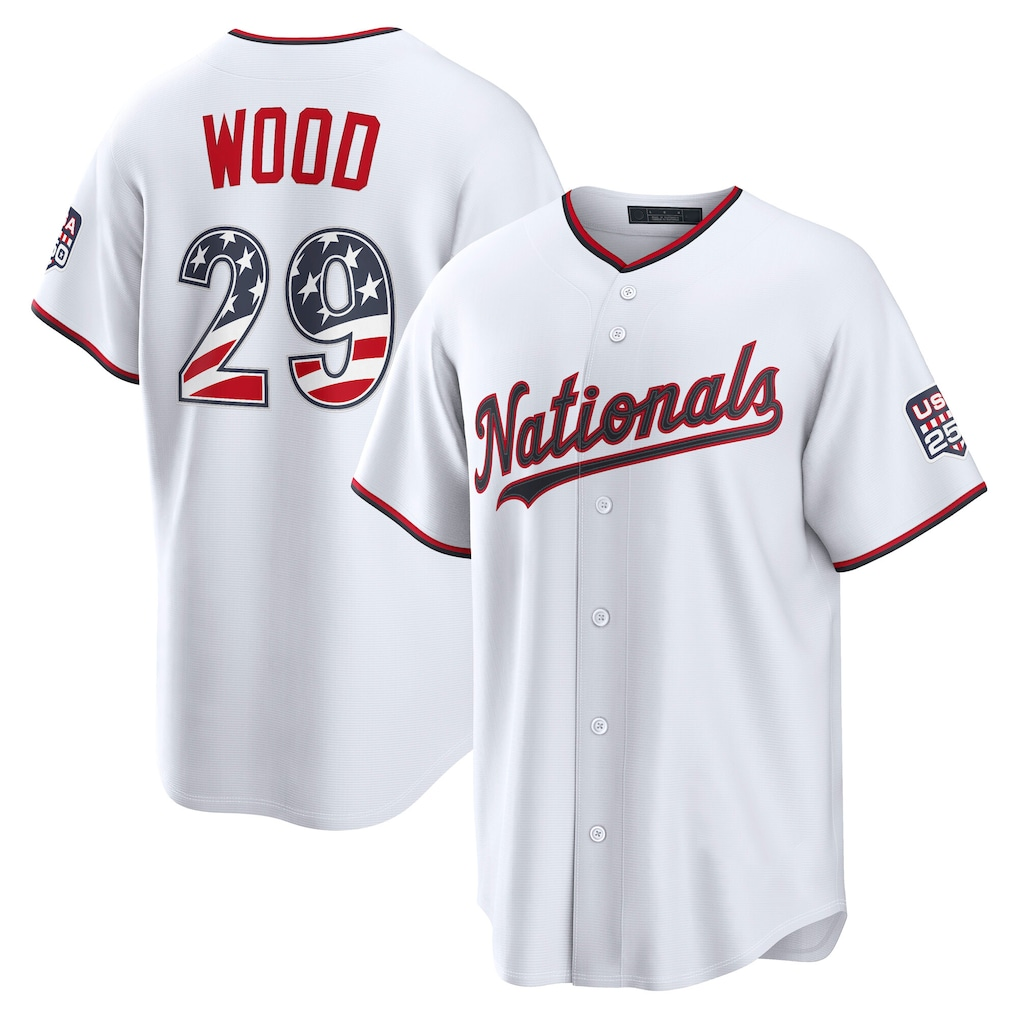 Vanessashop W.Nationals #29 James Wood White USA 250 Fourth of July Home Stadium Jersey