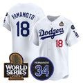 vanessashop Los Angeles Dodgers #18 Yoshinobu Yamamoto White  2024 World Series With Fernando Memorial Patch Limited Stitched Jersey