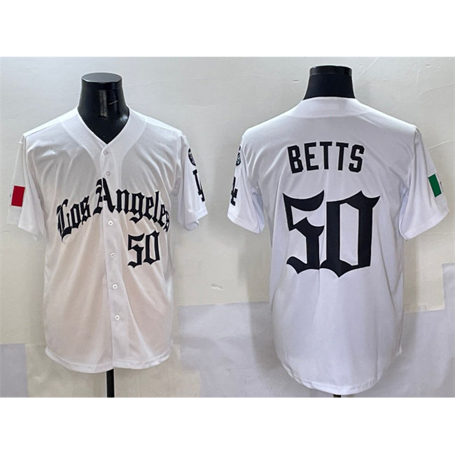vanessashop Los Angeles Dodgers #50 Mookie Betts White  Mexico 2025 LA Gothic Style With Fernando Patch Vapor Premier Limited Stitched Jersey
