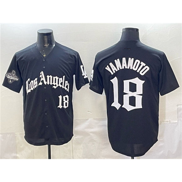 vanessashop Los Angeles Dodgers #18 Yoshinobu Yamamoto Black  LA Gothic Style With 2025 World Series Champions Patch Limited Stitched Jersey