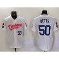 vanessashop Los Angeles Dodgers #50 Mookie Betts White Pink  Vin & Kobe Patch Stitched Jerseys