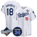 vanessashop Los Angeles Dodgers #18 Yoshinobu Yamamoto White  2025 World Series With No. 34 Patch Limited Stitched Jersey
