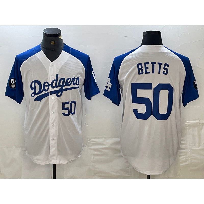 vanessashop Los Angeles Dodgers #50 Mookie Betts Number White Blue  Fashion Stitched Cool Base Limited Jersey 2