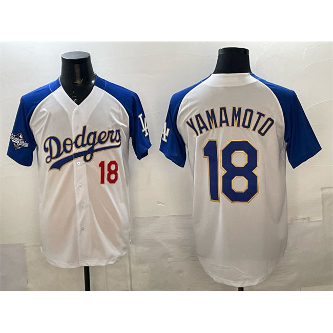vanessashop Los Angeles Dodgers #18 Yoshinobu Yamamoto White Royal  2025 World Series Patch Limited Stitched Jersey