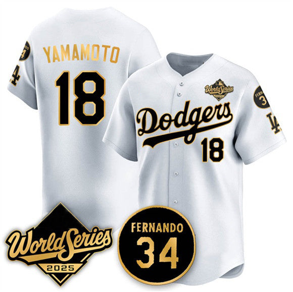 vanessashop Los Angeles Dodgers #18 Yoshinobu Yamamoto White Gold  2025 World Series With No.34 Patch Limited Stitched Jersey