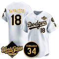 vanessashop Los Angeles Dodgers #18 Yoshinobu Yamamoto White Gold  2025 World Series With No.34 Patch Limited Stitched Jersey