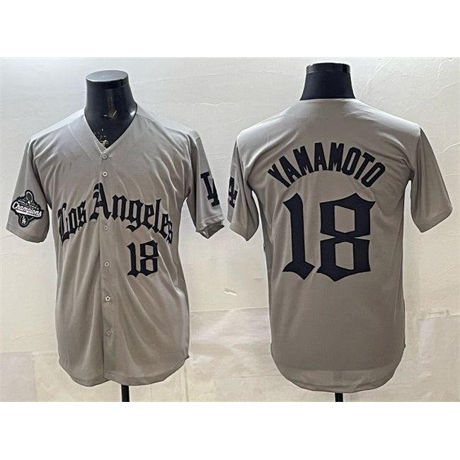 vanessashop Los Angeles Dodgers #18 Yoshinobu Yamamoto Grey  LA Gothic Style With 2025 World Series Champions Patch Limited Stitched Jersey