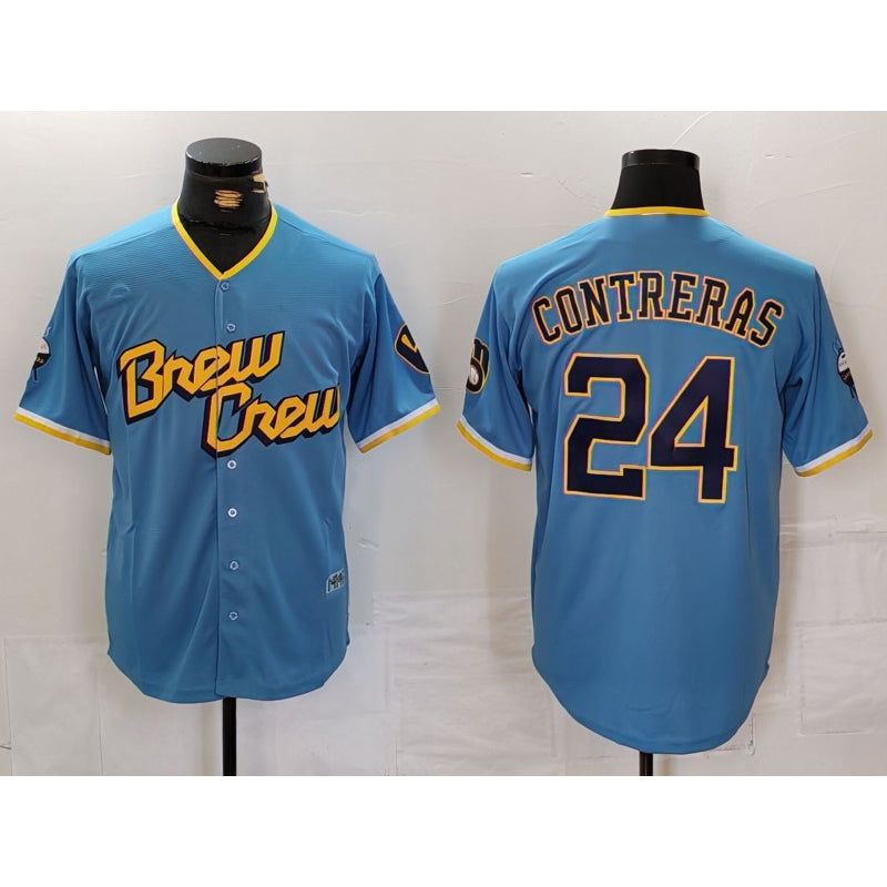 vanessashop Milwaukee Brewers #24 William Contreras Blue  2022 City Connect Cool Base Stitched Jersey