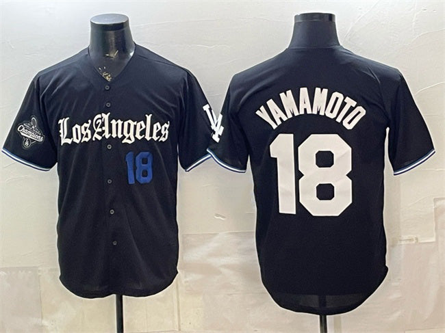 vanessashop Los Angeles Dodgers #18 Yoshinobu Yamamoto Black  2025 World Series Champions Patch 'Gothic Edition' Vapor Premier Limited Stitched Jersey