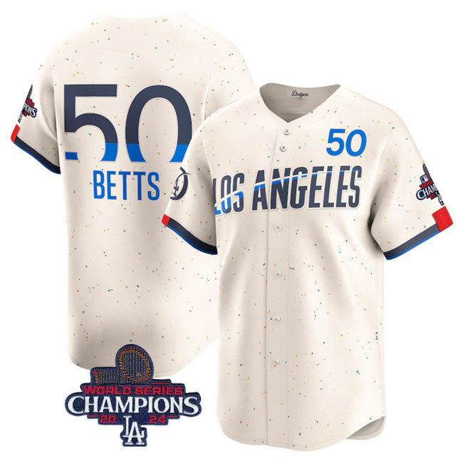 vanessashop Los Angeles Dodgers #50 Mookie Betts Cream  2024 World Series Champions City Connect Limited Stitched Jersey