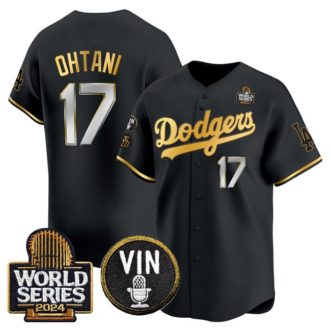 vanessashop Los Angeles Dodgers #17 Shohei Ohtani Black Gold  2024 World Series Vin & Kobe Patch Limited Stitched Jersey