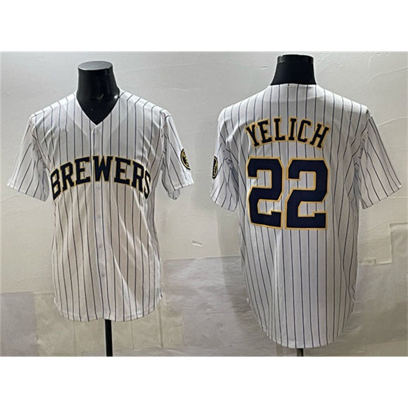 vanessashop Milwaukee Brewers #22 Christian Yelich White  Pinstripe 2025 With Patch Stitched Jersey