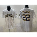 vanessashop Milwaukee Brewers #22 Christian Yelich White  Pinstripe 2025 With Patch Stitched Jersey
