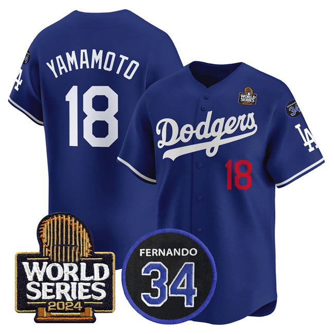 vanessashop Los Angeles Dodgers #18 Yoshinobu Yamamoto Royal  2024 World Series With Fernando Memorial Patch Limited Stitched Jersey