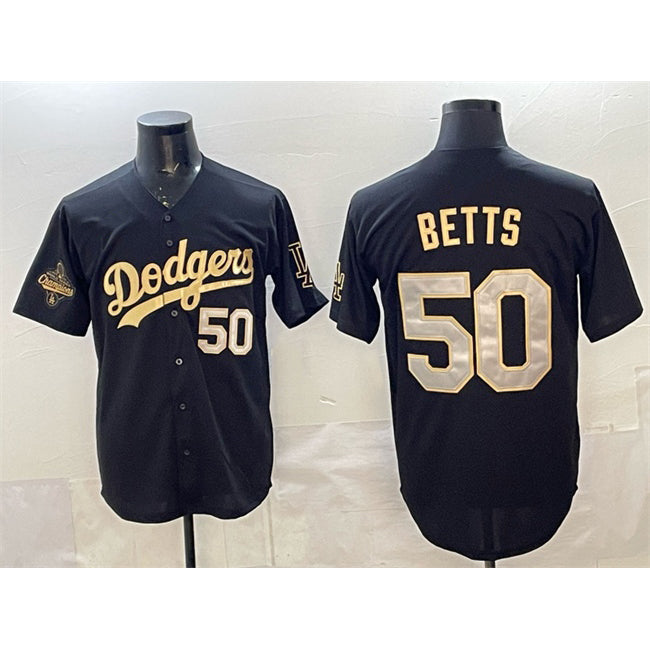 vanessashop Los Angeles Dodgers #50 Mookie Betts Black Gold  2025 World Series Champions Patch Limited Stitched Jersey