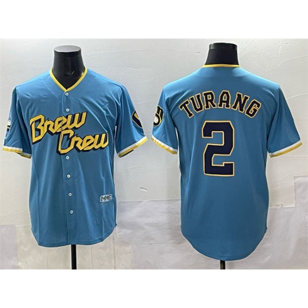 vanessashop Milwaukee Brewers #2 Brice Turang Powder Blue  City Connect Cool Base Stitched Jersey