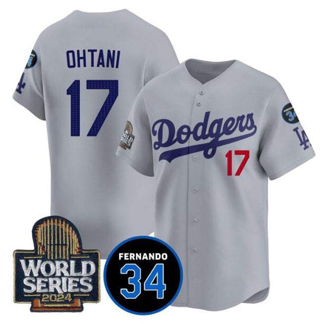 vanessashop Los Angeles Dodgers #17 Shohei Ohtani Grey  2024 World Series With Fernando Memorial Patch Limited Stitched Jersey
