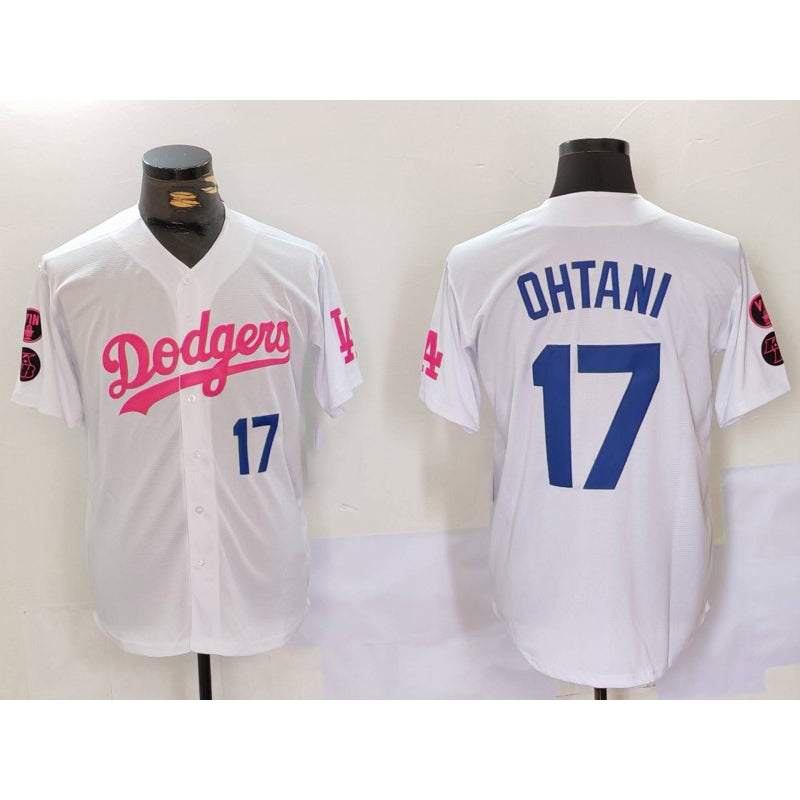 vanessashop Los Angeles Dodgers #17 Shohei Ohtani White Pink  Vin & Kobe Patch Stitched Jersey1