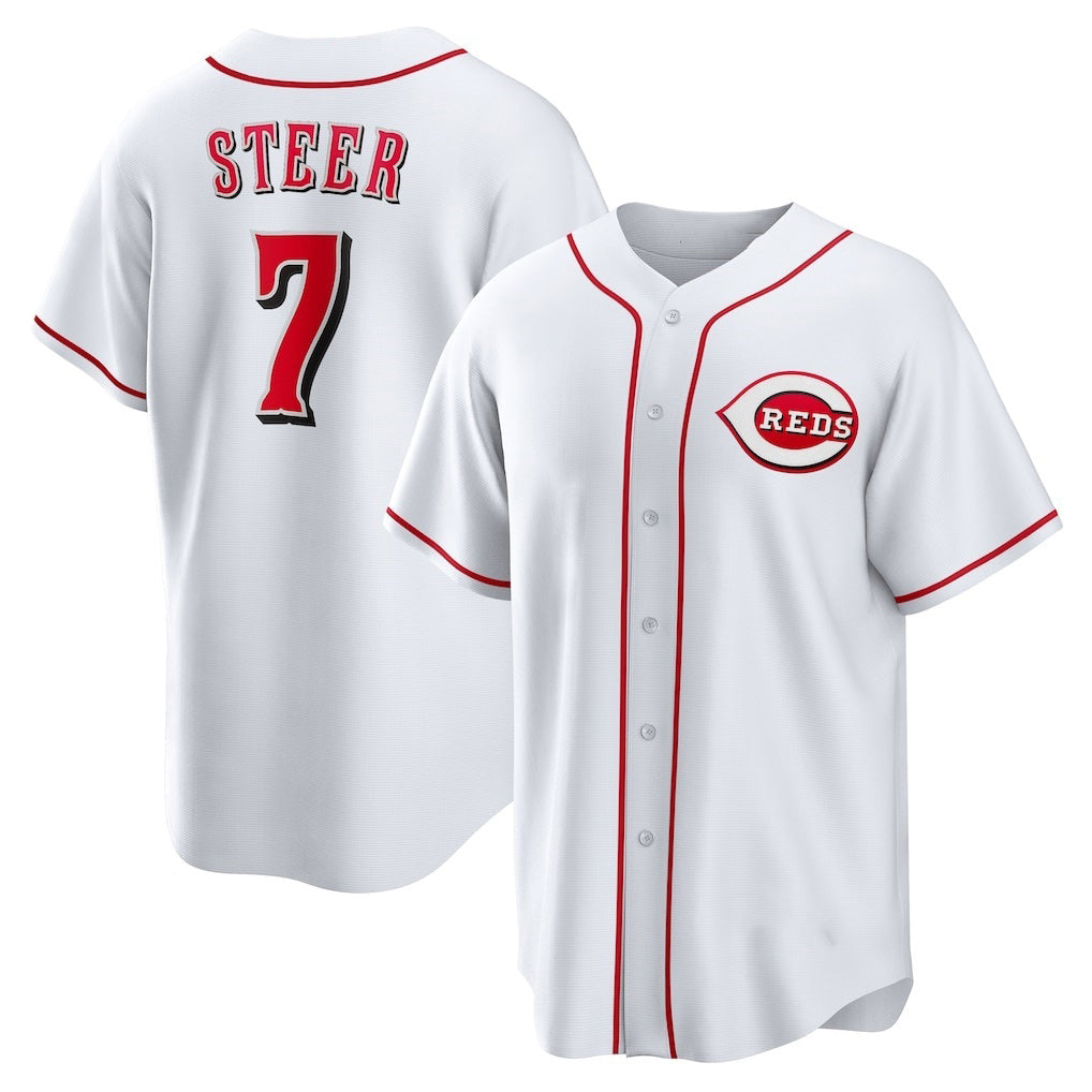 vanessashop Cincinnati Reds #7 Spencer Steer White  Home Replica Jersey