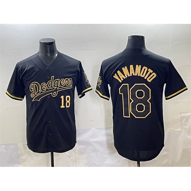 vanessashop Los Angeles Dodgers #18 Yoshinobu Yamamoto Black Gold  Limited Stitched Jersey 2