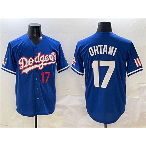 vanessashop Los Angeles Dodgers #17 Shohei Ohtani Royal  With American Flag Patch Limited Stitched Jersey