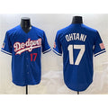 vanessashop Los Angeles Dodgers #17 Shohei Ohtani Royal  With American Flag Patch Limited Stitched Jersey