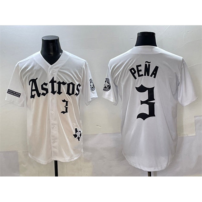 vanessashop Houston Astros #3 Jeremy Pena White  Gothic 'Houston Born Barrio Raised' Limited Stitched Jersey